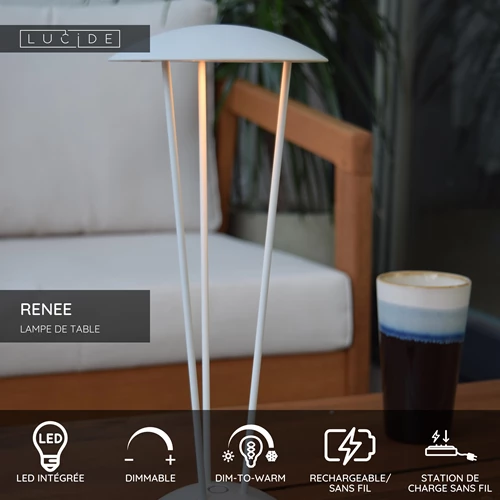 Lucide RENEE - Lampe de table Rechargeable Intérieur/Extérieur - Batterie/Piles - Ø 12,3 cm - LED Dim to warm - 1x2,2W 2700K/3000K - IP54 - Avec station de charge sans fil - Blanc - USP